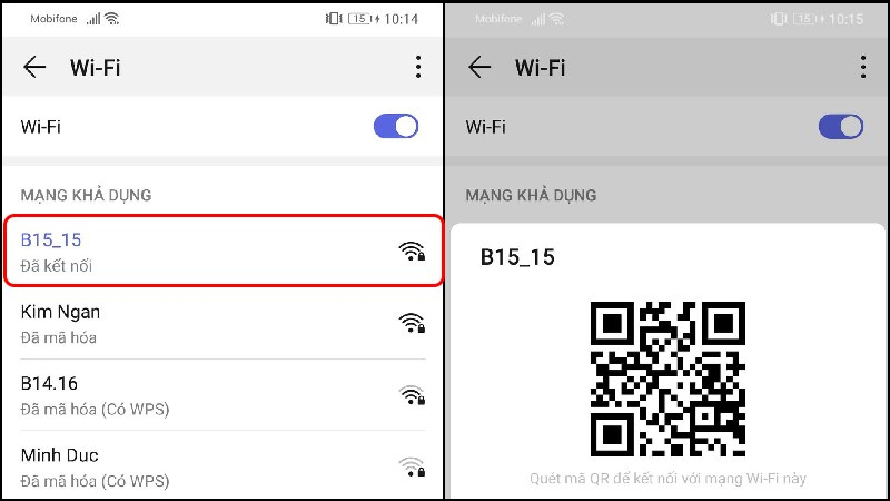 Nhấn vào điểm Wifi đang truy cập và chụp lại ảnh mã QR 