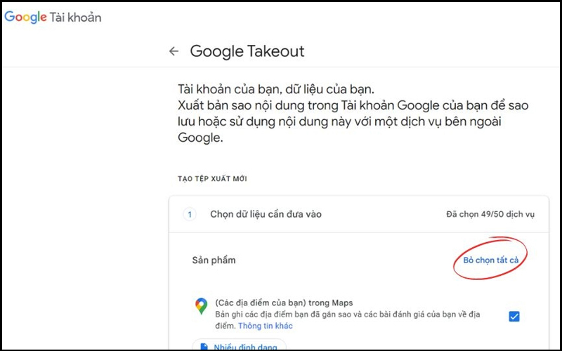 Nhấn vào mục Bỏ chọn tất cả tại trang chủ Google Takeout