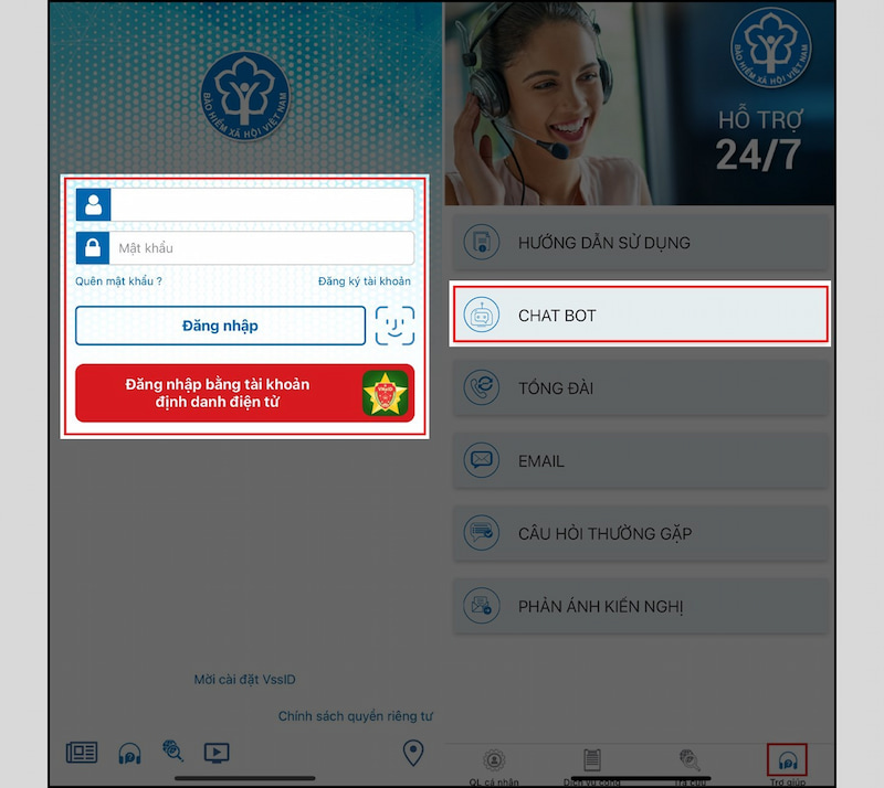 Nhấn vào mục Chatbot trong ứng dụng VssID