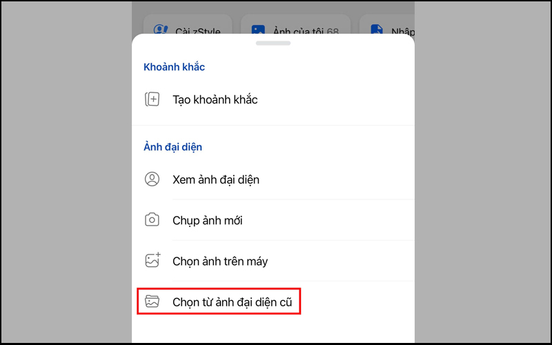 Người dùng click vào mục Chọn ảnh đại diện cũ 