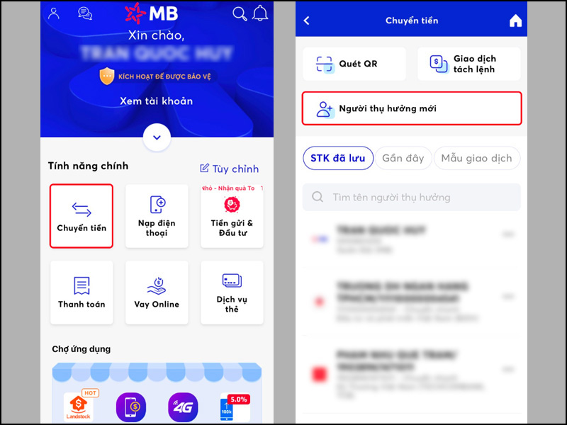 Chọn Chuyển tiền và nhấn vào mục Người thụ hưởng mới