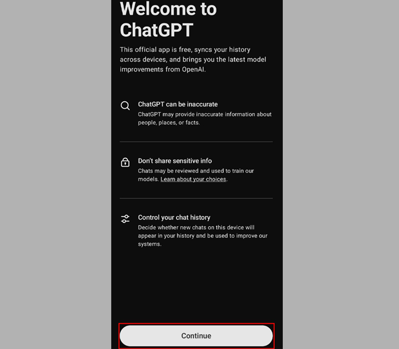 Nhấn vào mục Continue sau khi đăng nhập vào tài khoản ChatGPT