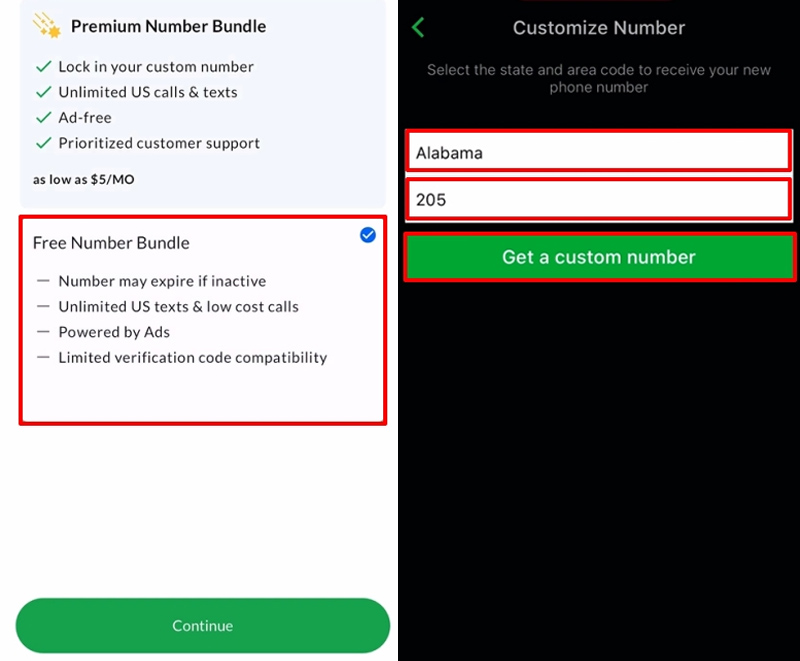 Chọn bang và mã bang bất kỳ rồi click Get a custom number