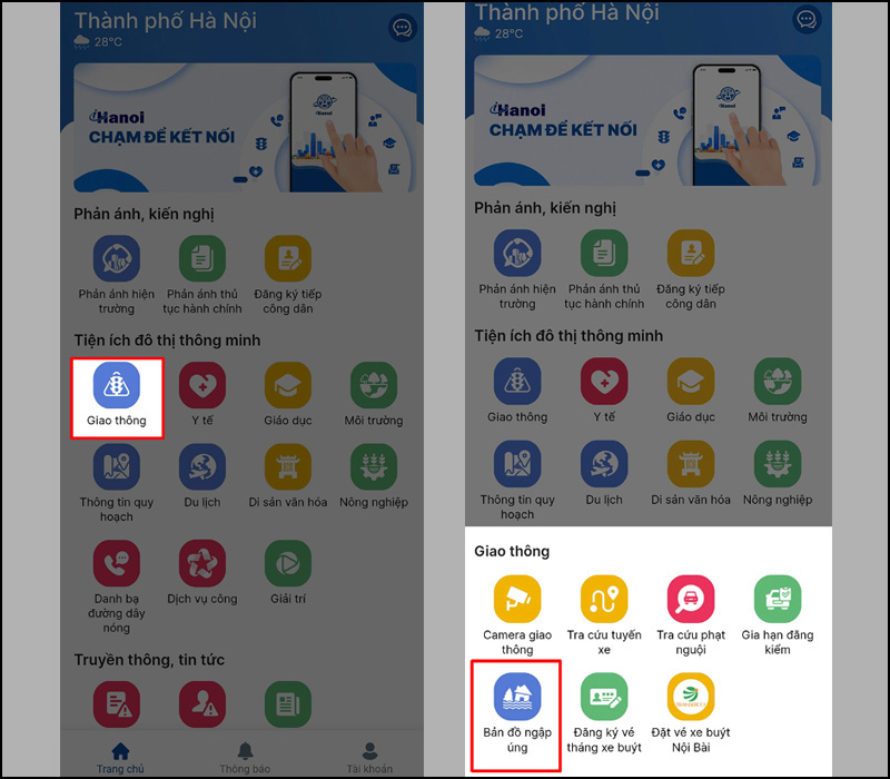 Nhấn vào mục Giao thông tại trang chủ, sau đó chọn Bản đồ ngập úng