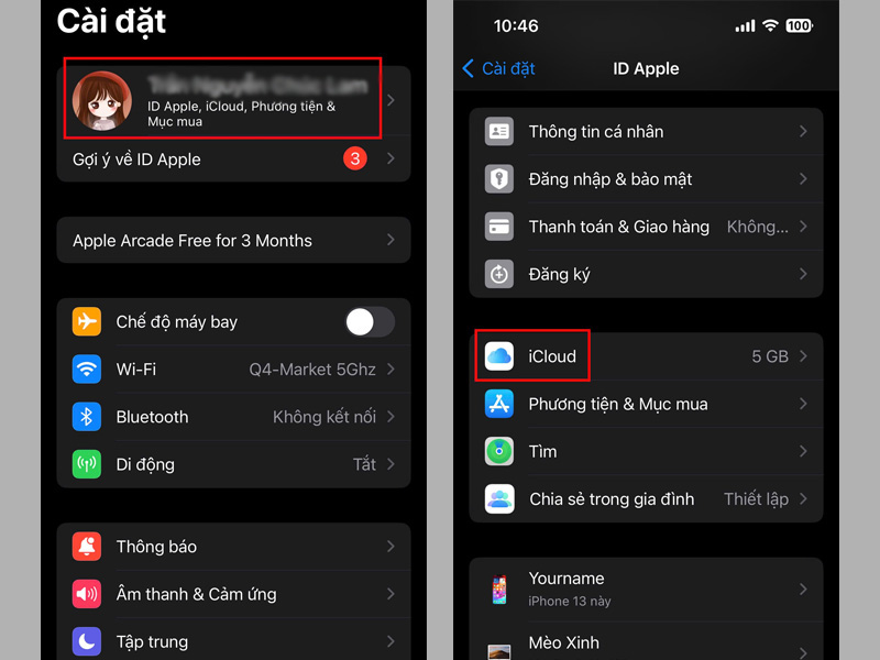 Nhấn vào mục ID Apple, sau đó chọn iCloud