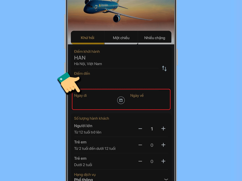Nhấn vào mục Ngày đi, Ngày về để chọn thời gian đi và thời gian về