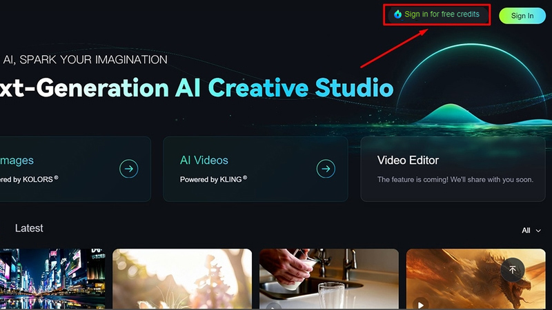 Nhấn vào mục Sign in for free credits ở góc trên bên phải màn hình
