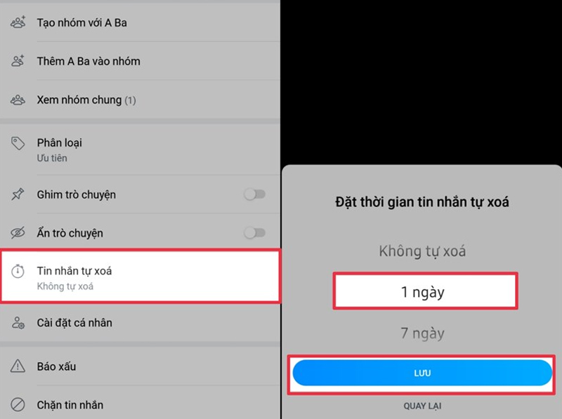 Nhấn vào mục Tin nhắn tự xóa, sau đó chọn thời gian và nhấn Lưu