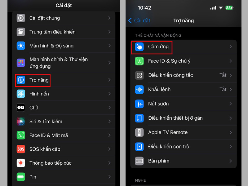 Tại giao diện Cài đặt, người dùng chọn Trợ năng và Cảm ứng