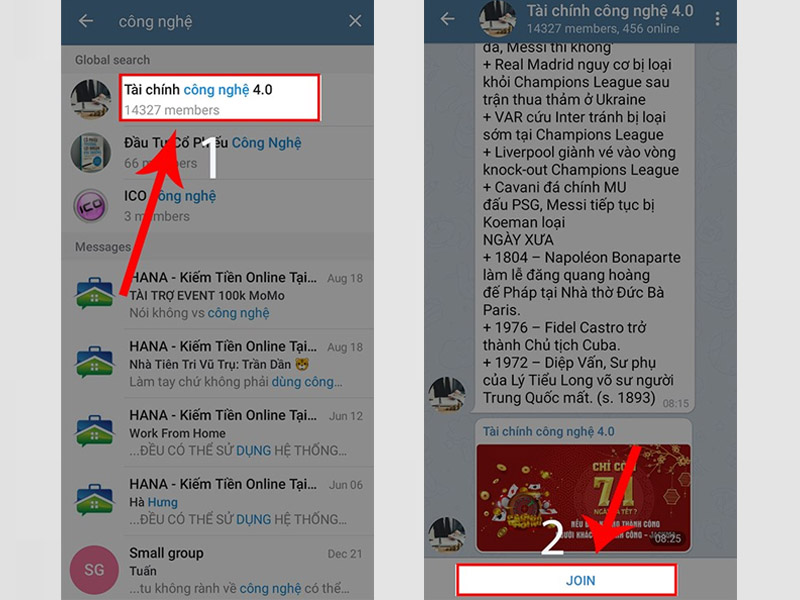 Chọn Join sau khi nhấn vào nhóm Telegram để tham gia nhóm