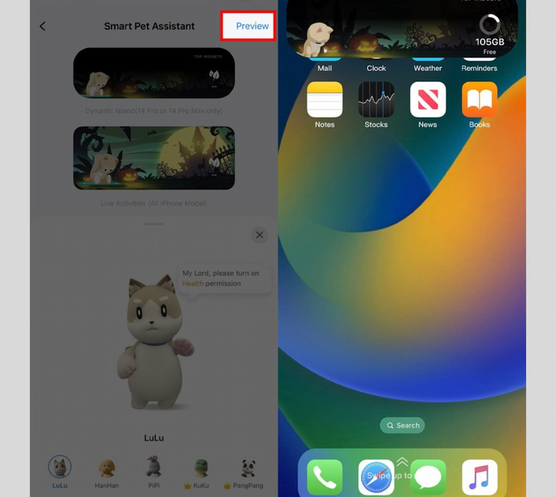Nhấn vào Preview để xem trước thú cưng 3D trên Dynamic Island