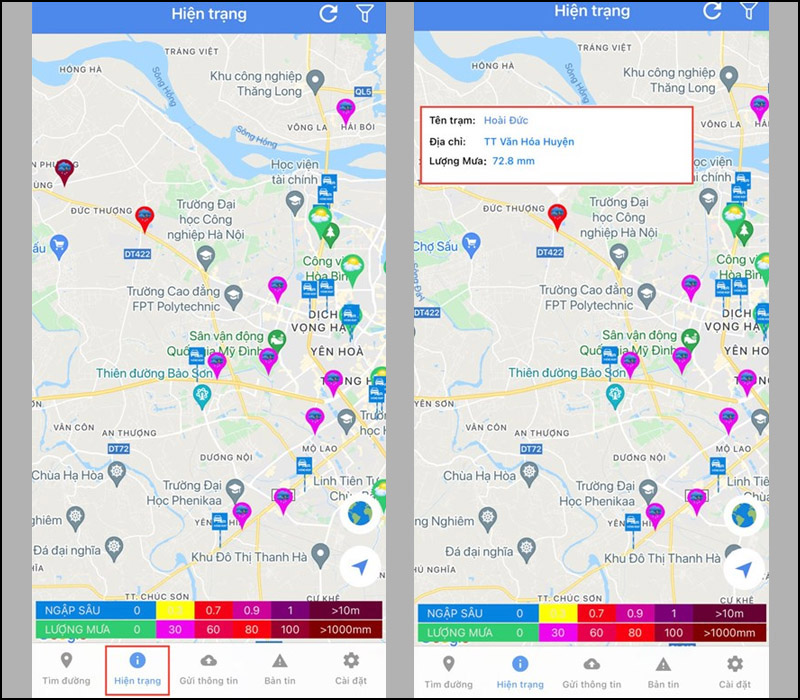 Nhấn vào tab Hiện trạng để xem điểm ngập lụt tại Hà Nội