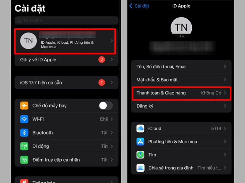 Chọn ID Apple và nhấn vào mục Thanh toán & Giao hàng