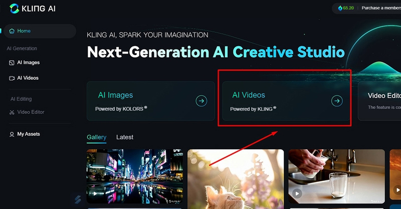 Nhấn vào tùy chọn AI Videos tại giao diện trang chủ Kling AI