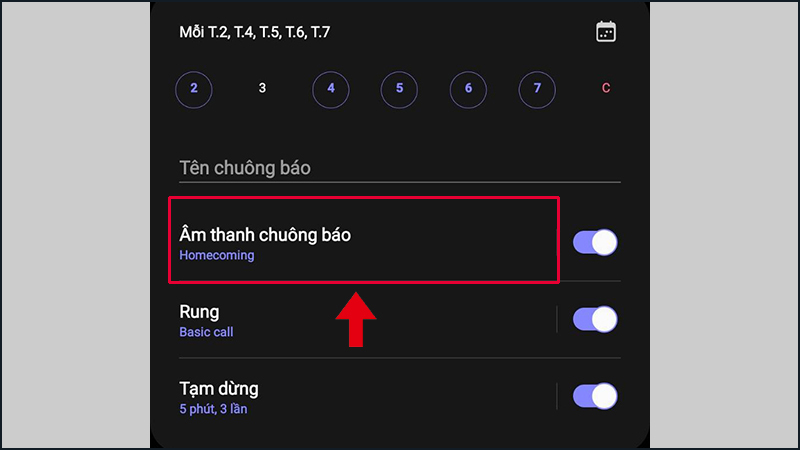 Nhấn vào tùy chọn Âm thanh chuông báo
