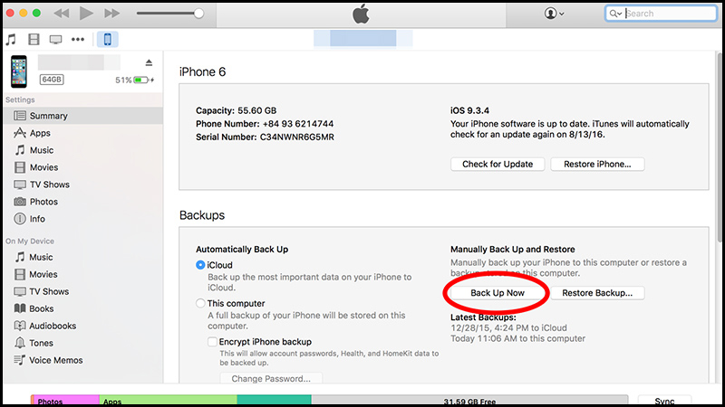 Nhấn vào tùy chọn Back up now để sao lưu dữ liệu trong iPhone
