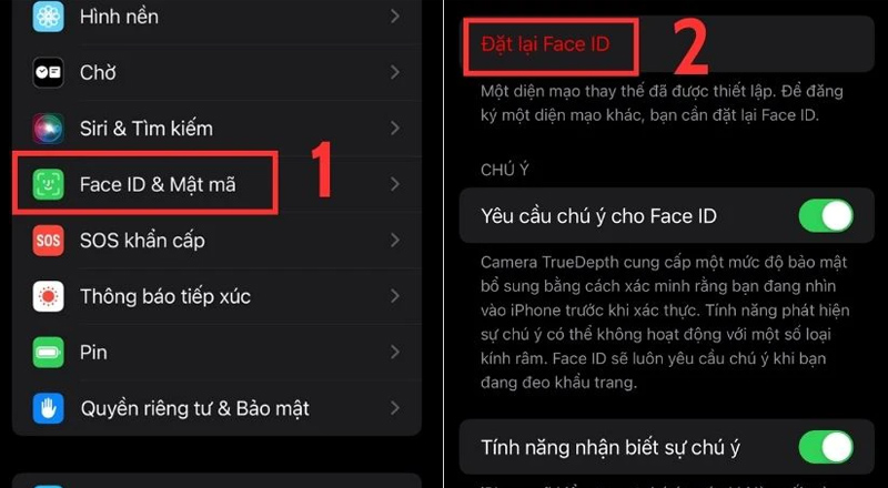 Chọn Face ID & Mật mã, nhấn vào mục Đặt lại Face ID