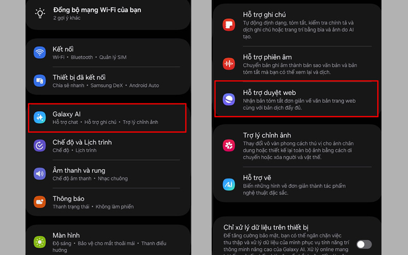 Chọn Galaxy AI và nhấn vào mục Hỗ trợ duyệt web