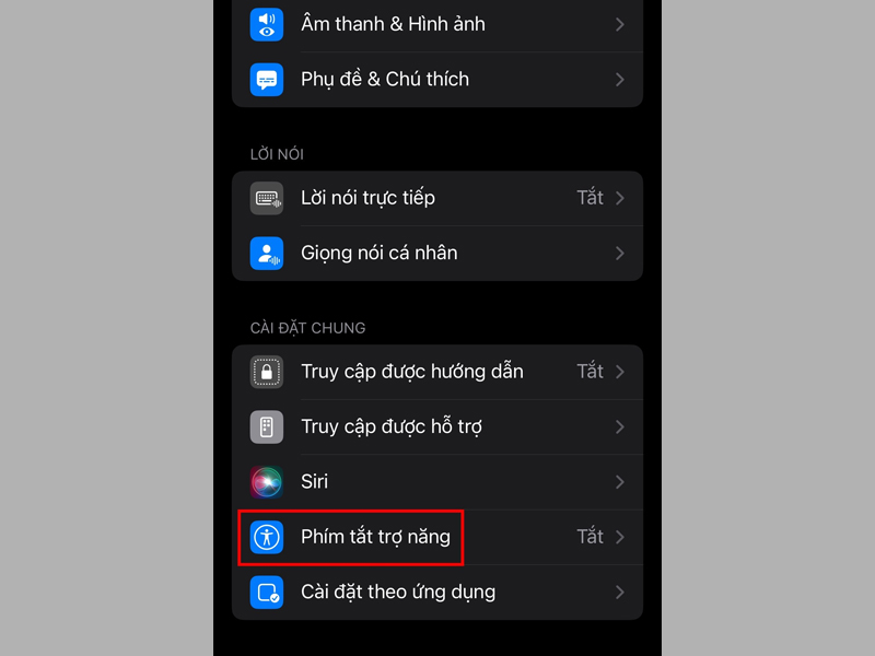 Nhấn vào tùy chọn Phím tắt trợ năng 