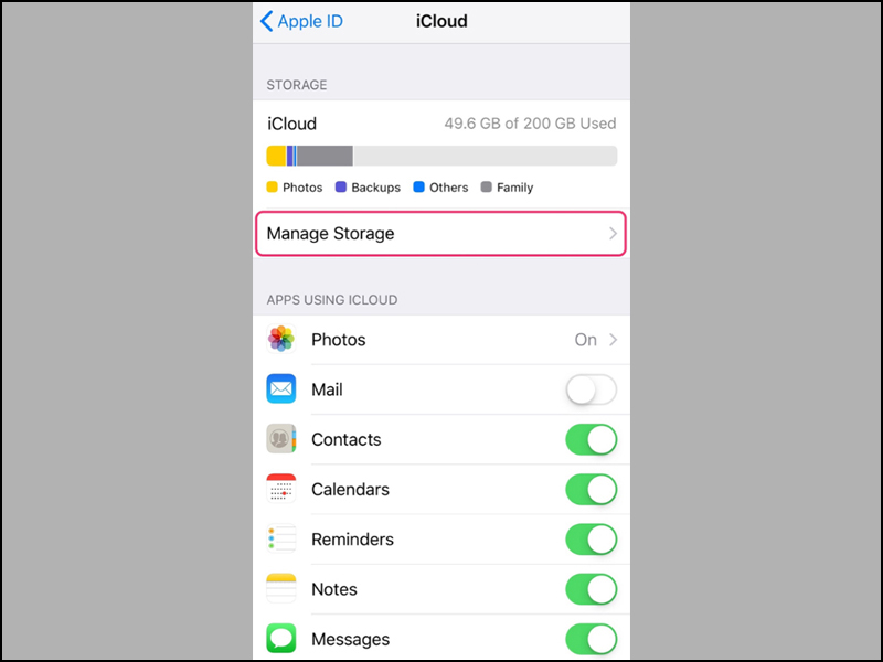 Nhấn vào tùy chọn Quản lý dung lượng tại giao diện iCloud