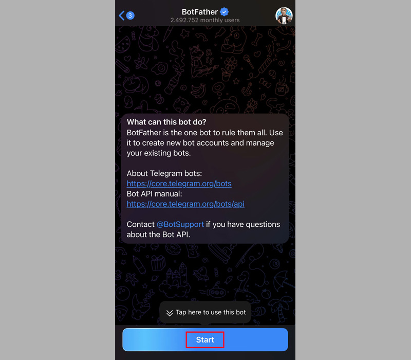 Nhấn vào tùy chọn Start để bắt đầu quá trình tạo bot Telegram