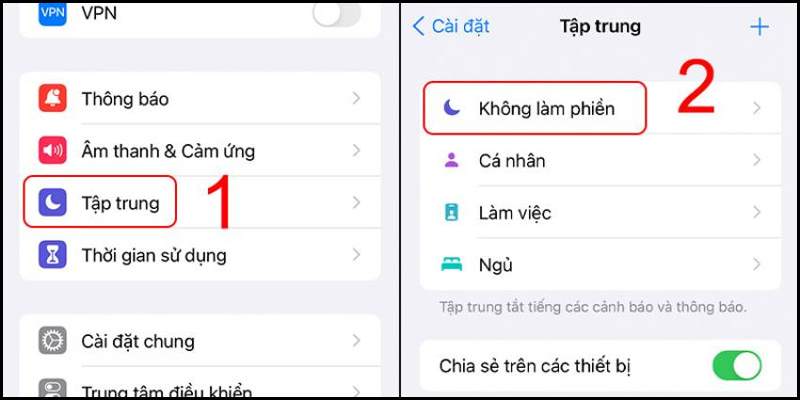 Nhấn vào tùy chọn Tập trung, sau đó chọn chế độ Không làm phiền