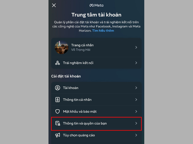 Nhấn vào tùy chọn Thông tin và quyền của bạn 