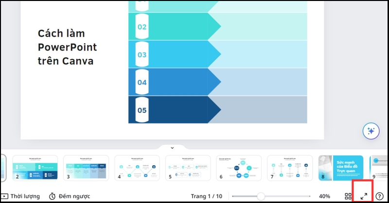 Nhấn vào nút Xem toàn màn hình để trình chiếu slide