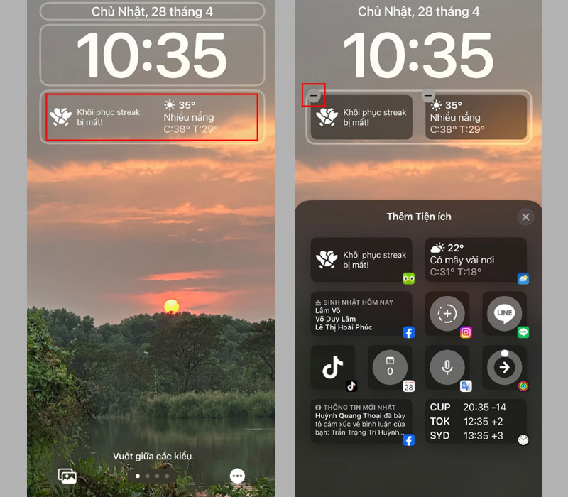 Nhấn vào Widget trên màn hình khóa và chọn dấu trừ để xóa chúng đi
