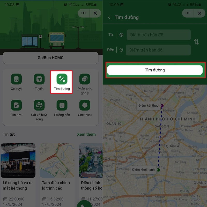 Nhập điểm đi và điểm đến của chuyến đi sau đó nhấn Tìm đường