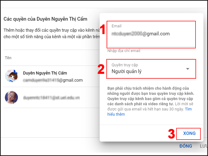 Nhập email và chọn vai trò cho người muốn cấp quyền