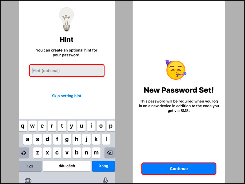 Nhập Hint cho mật khẩu mới và nhấn Continue để hoàn tất