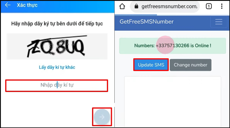 Nhập ký tự xác thực, sau đó nhấn chọn Update SMS
