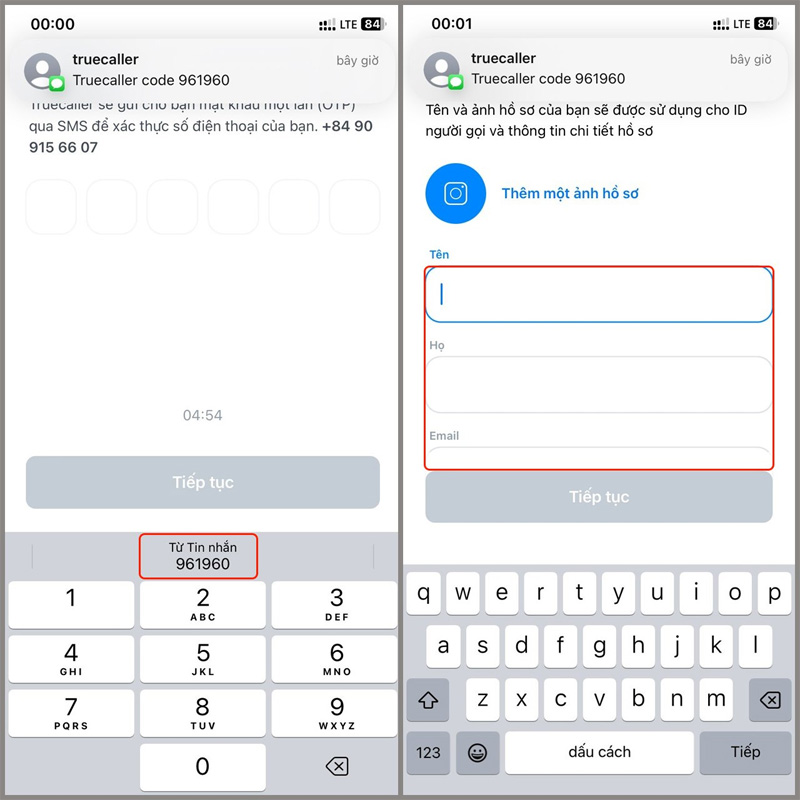 Nhập mã code được gửi về iPhone và thông tin cá nhân theo yêu cầu