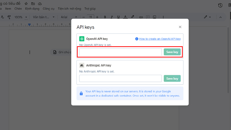 Nhập mã vào dòng OpenAI API Key và nhấn Save Key