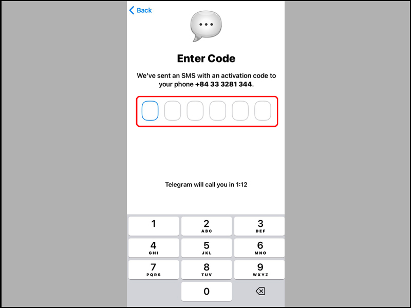 Nhập mã xác thực để đăng nhập vào tài khoản Telegram