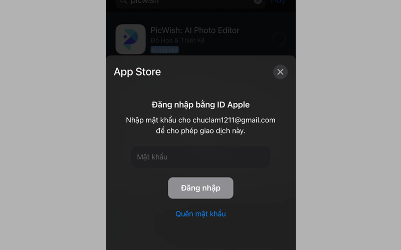 Nhập mật khẩu Apple ID để tải ứng dụng PicWish về iPhone