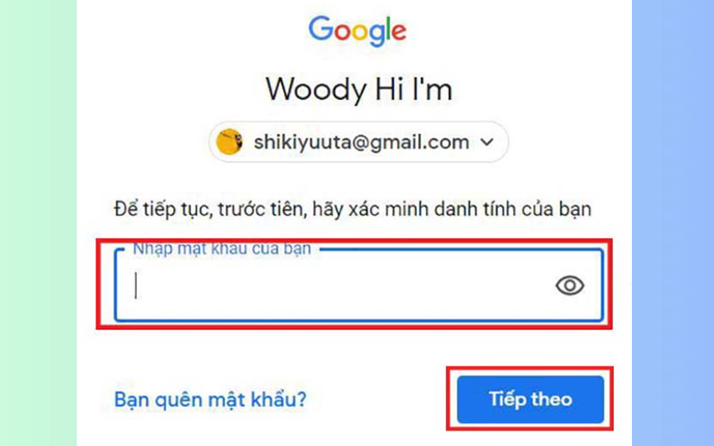 Nhập mật khẩu và chọn Tiếp theo khi nhận được yêu cầu xác minh danh tính