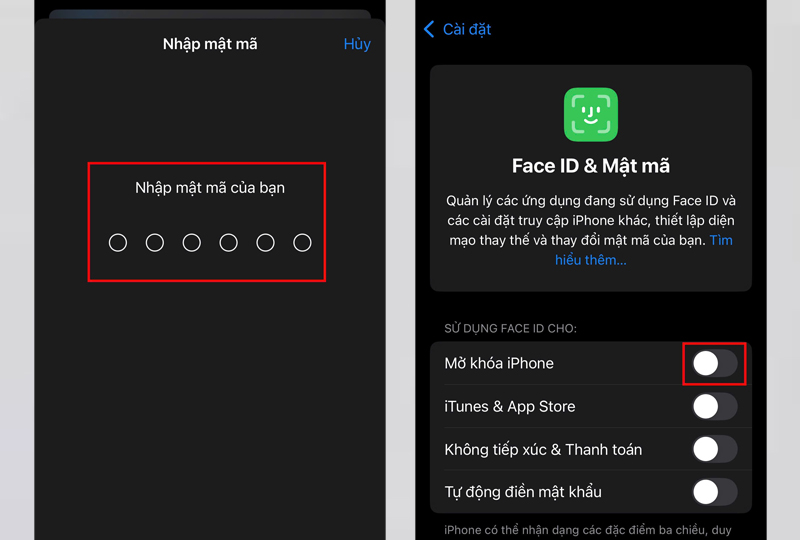 Gạt tắt tùy chọn Mở khóa iPhone 
