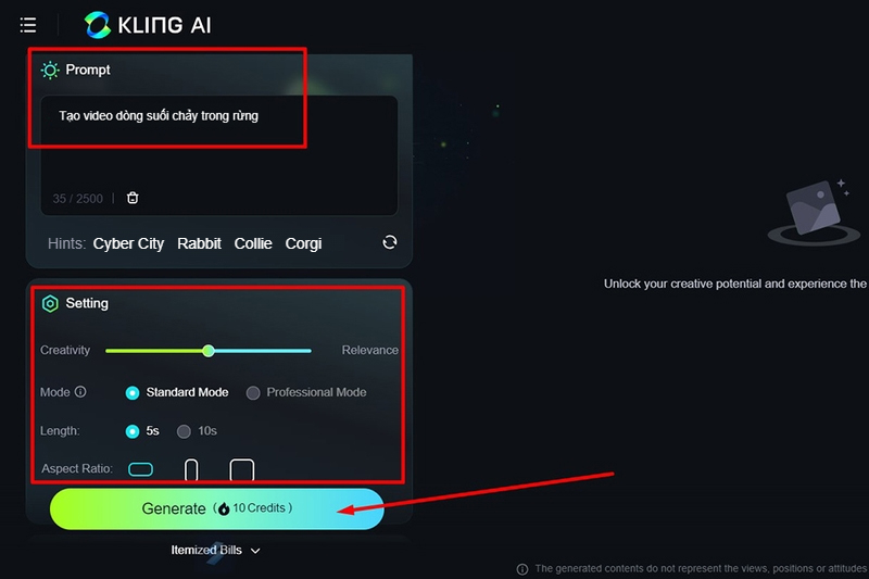 Nhập mô tả video muốn tạo và chọn Generate để bắt đầu tạo video
