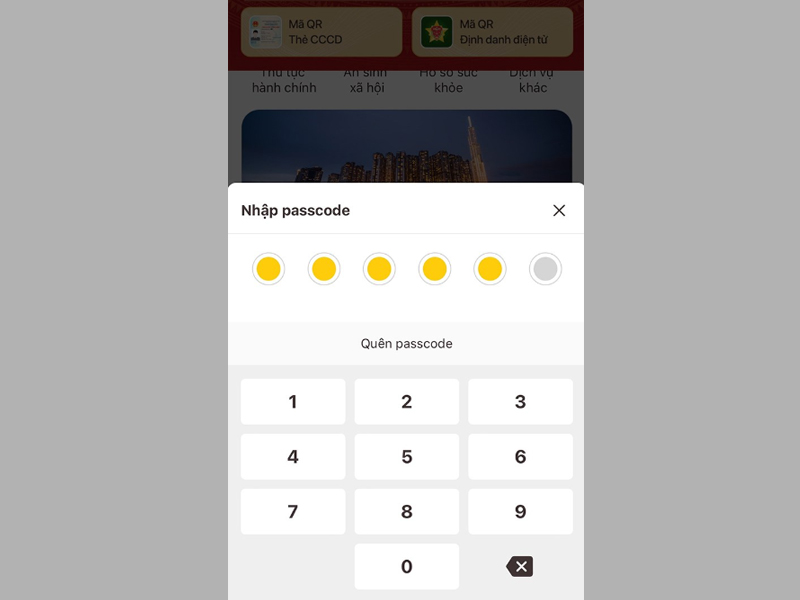 Nhập passcode theo yêu cầu để truy cập vào Căn cước công dân điện tử