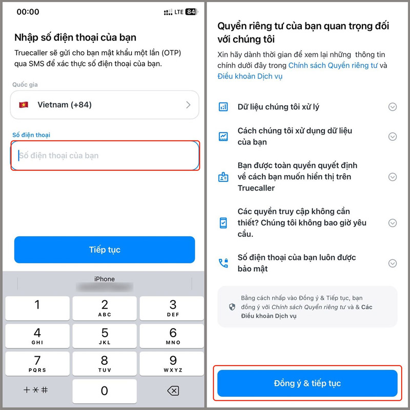 Nhập số điện thoại, chọn Tiếp tục, sau đó nhấn vào mục Đồng ý & Tiếp tục