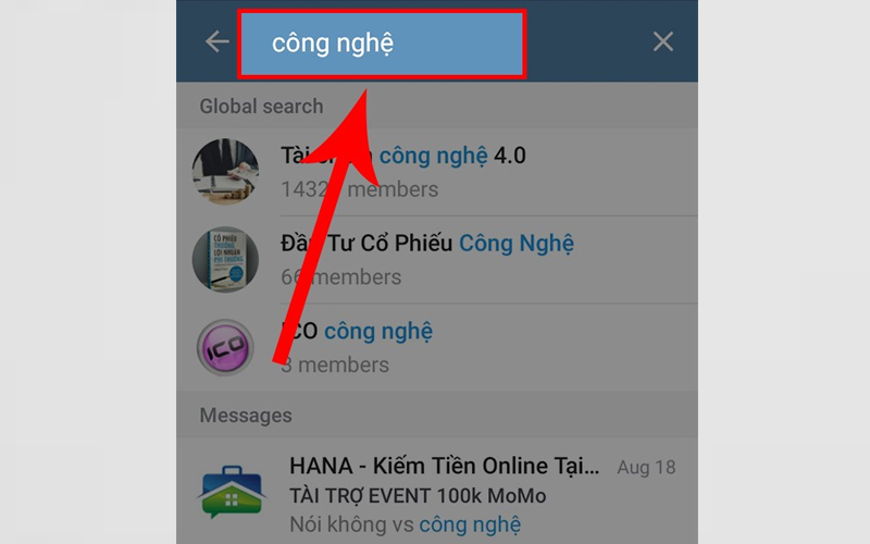 Nhập tên nhóm Telegram cần tìm tại thanh tìm kiếm