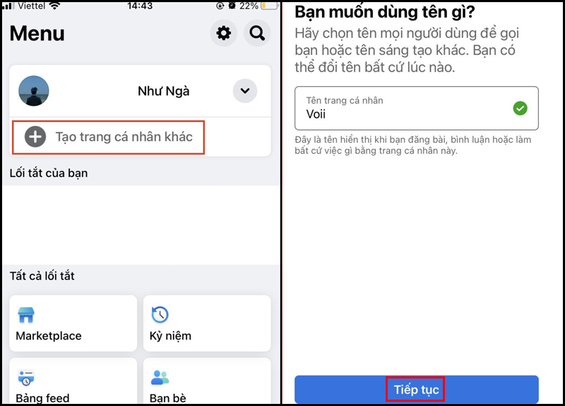 Nhập tên trang cá nhân phụ và nhấn Tiếp tục