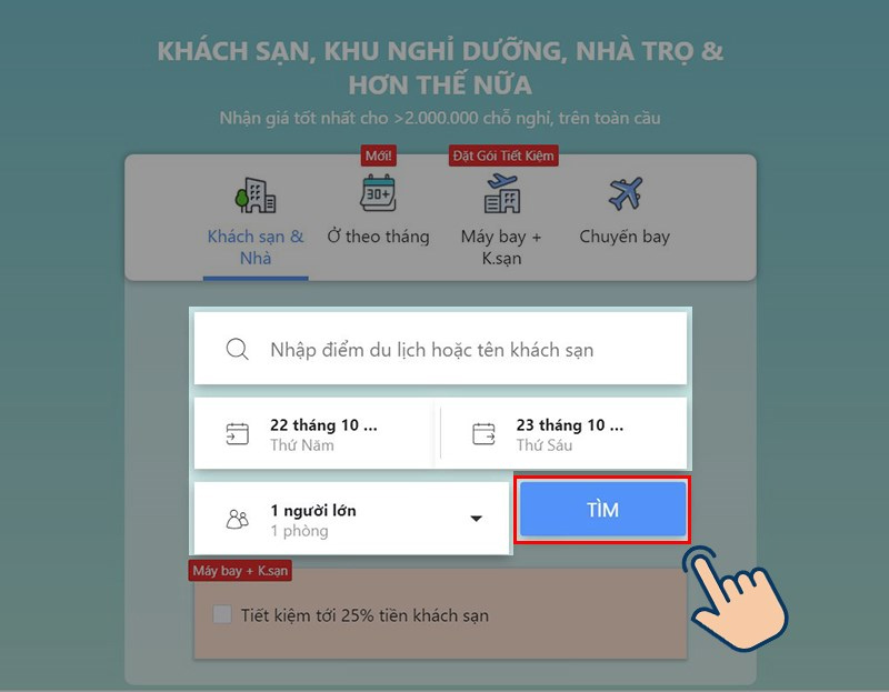 Nhập thông tin khách sạn và nhấn Tìm