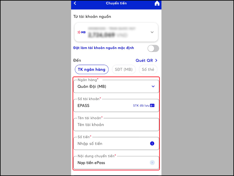 Nhập thông tin theo yêu cầu để tiến hành nạp tiền ePass
