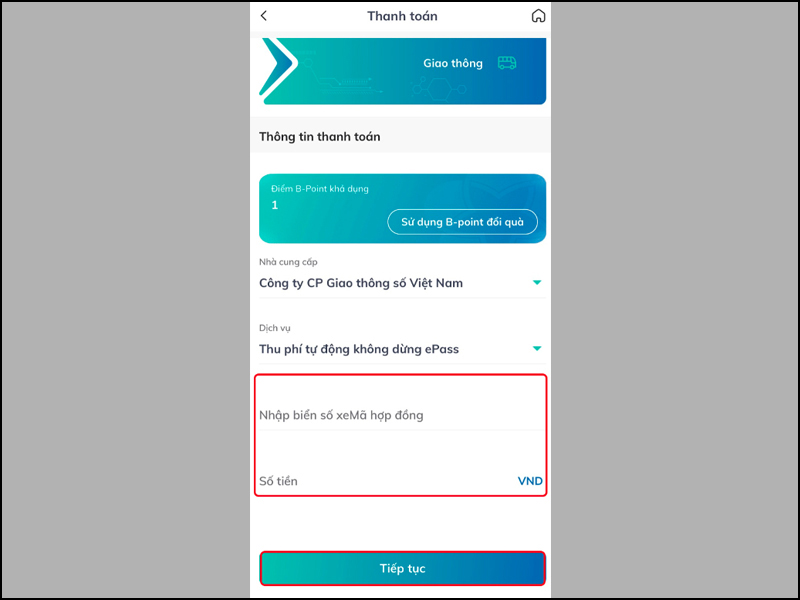 Nhập Biển số xe/Mã hợp đồng, số tiền muốn nạp vào tài khoản ePass