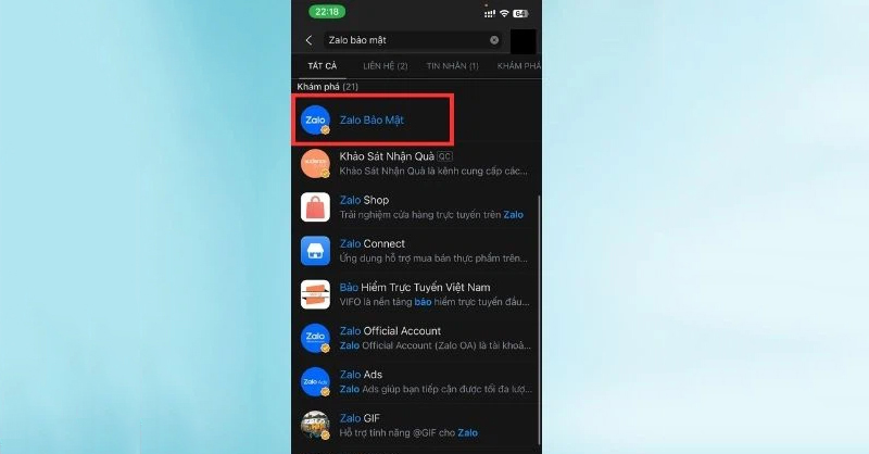 Nhập từ khóa Zalo bảo mật vào thanh tìm kiếm và chọn kết quả tương ứng