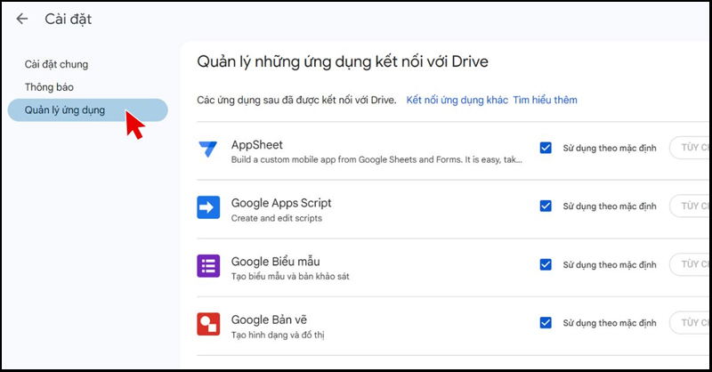 Quản lý các ứng dụng liên kết trên Google Drive