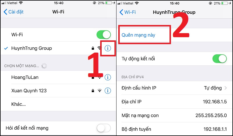 Quên mạng WiFi và kết nối lại để khắc phục lỗi iPhone tự ngắt WiFi